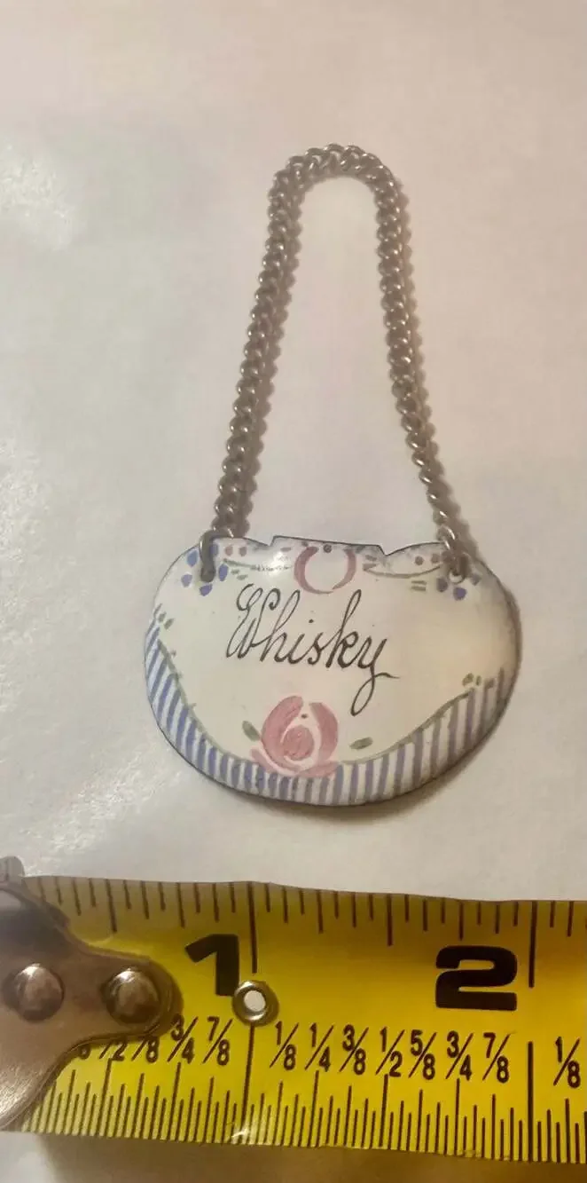 Set of 4 Antique French Hand-Painted Enamel Decanter Labels with Chains